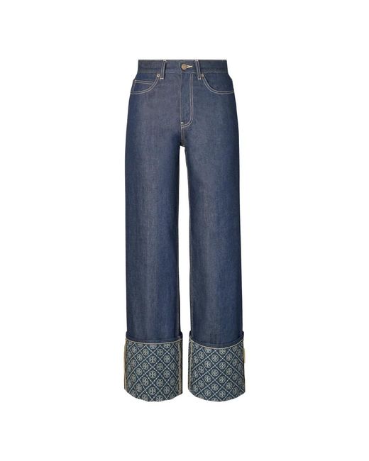 Tory Burch Jeans ,Blauw ,Katoen Contrast Cuff Straight Leg Jean in het Blue