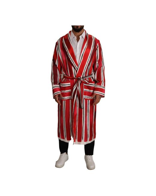 Dolce & Gabbana Red Dolce Gabbana White Striped Silk Night Gown Robe for men