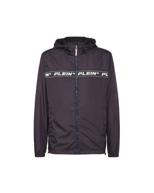 Philipp Plein Jassen ,Blauw ,Nylon Blauw Nylon Windbreaker Hooded Jas in het Blue voor heren