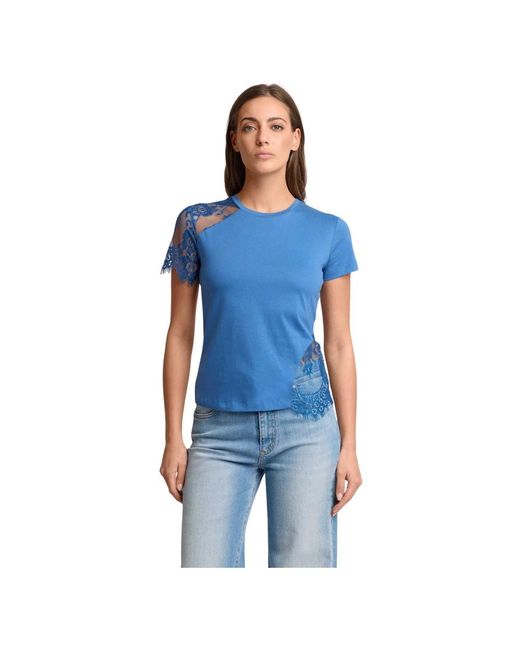Kocca Tops ,Blauw ,T-Shirt Met Kanten Inzetstukken in het Blue