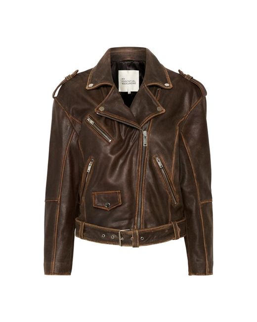 My Essential Wardrobe Jassen ,Bruin ,Leer Bruine Retro Wash Leren Bikerjas in het Brown