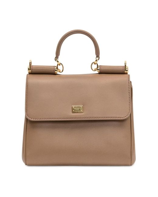 Dolce & Gabbana Natural Taupe Lederhandtasche Mit Goldfarbenen Details