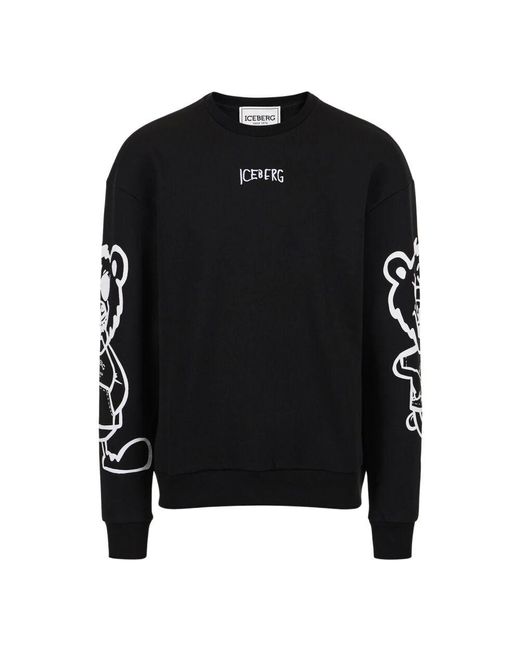Iceberg Regular Fit Schwarzer Rundhalsausschnitt-Sweatshirt Mit Bärenprint Und Logo-Stickerei in Black für Herren
