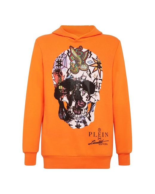 Philipp Plein Hoodie Sweatshirt Tattoo Skull Strass in het Orange