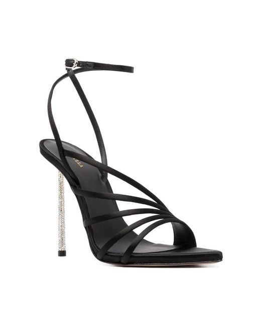Le Silla Black Schwarze glitzernde satinsandalen mit kristallverzierung