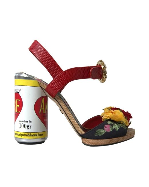 Dolce & Gabbana Red Mehrfarbige, floral verzierte, zylindrische Absätze AMORE Sandalen