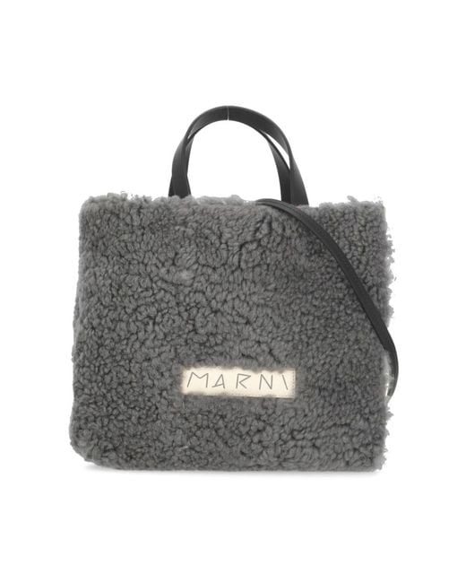 Marni Grijze Leren Handtas Met Bontdetails in het Gray