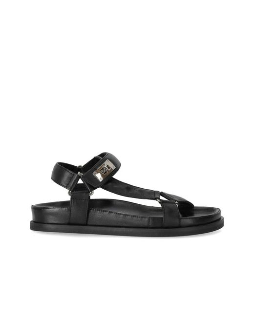 Strategia Black Flache Schwarze Ledersandale Mit Schnappverschluss