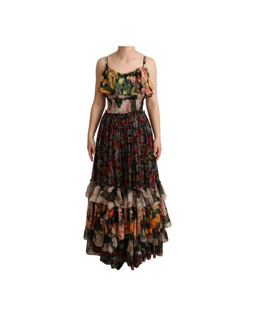 Dolce & Gabbana Brown Multicolor Floral Print Chiffon Tiered Dress Silk