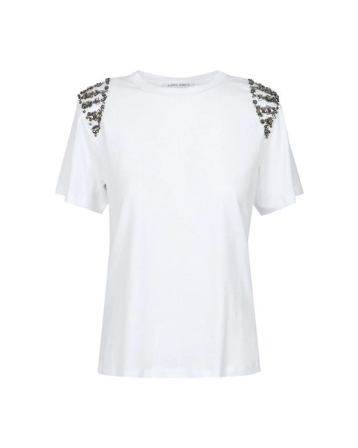 Alberta Ferretti Tops ,Wit ,Katoen Witte Katoenen T-Shirt Met Applicaties Op De Schouders in het White