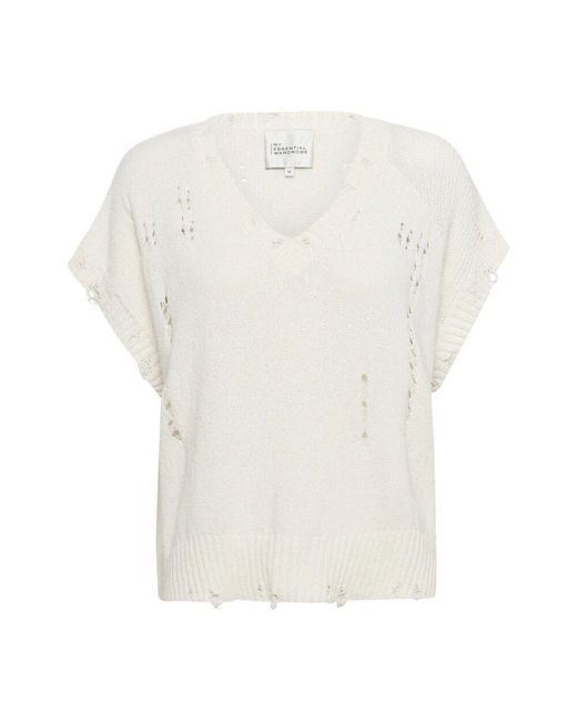 My Essential Wardrobe White Weiße V-Ausschnitt Strickweste Mit Lochdetails