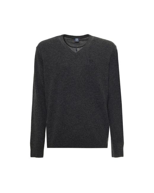 Sergio Tacchini Wollpullover mit v-ausschnitt, gerippten säumen und logo in Black für Herren