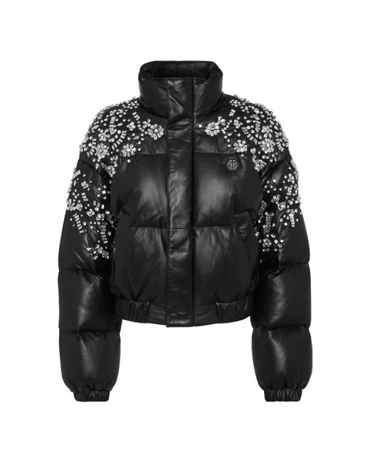 Philipp Plein Jassen ,Zwart ,Leer Leather Puffer Jacket Crystal in het Black