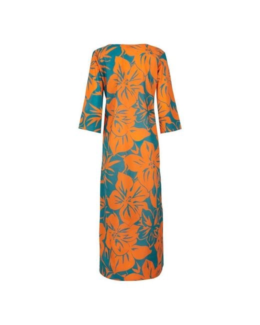 Gallo Orange Langer Baumwollkaftan Für Frauen Mit Blumenmuster