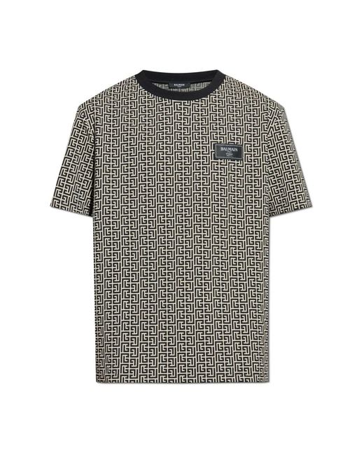 Balmain Tops ,Zwart ,Katoen T-Shirt Met Monogram in het Gray voor heren