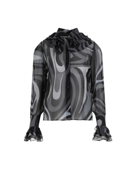 Camicia seta motivo ondulato nero di Emilio Pucci in Black