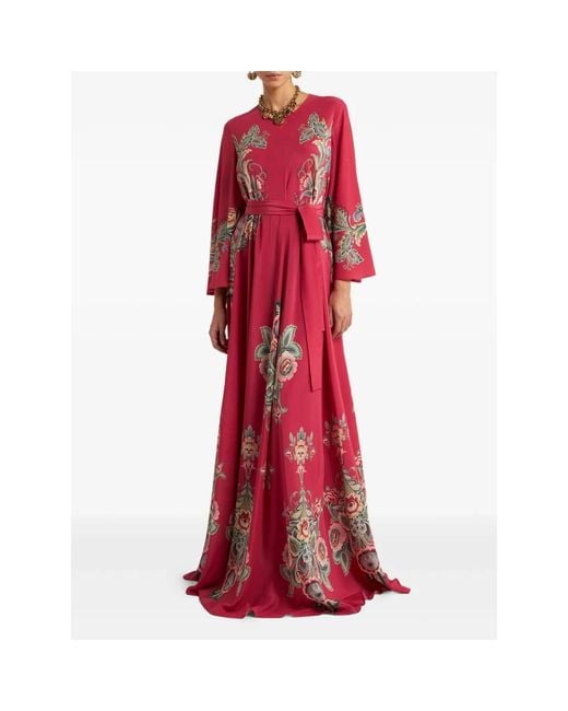 Etro Red Long Silk Dress With Print