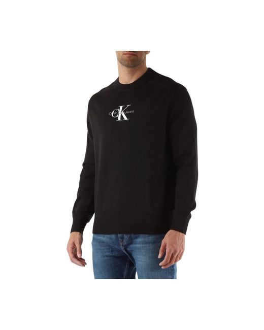 Calvin Klein Baumwoll-rundhalsausschnitt mit gesticktem logo pullover in Black für Herren