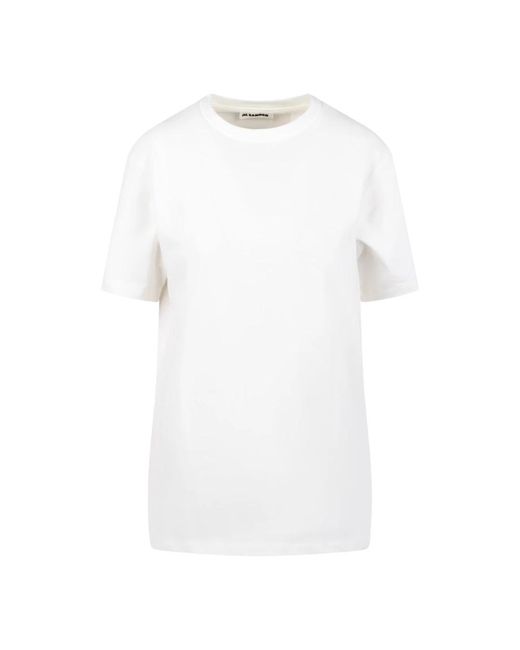 Jil Sander Tops ,Wit ,Katoen Oversized Crewneck T-Shirt Met Leren Label in het White