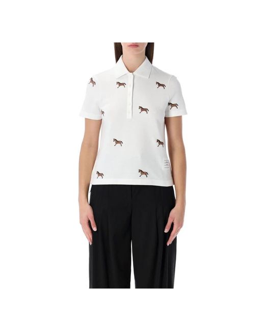Thom Browne Tops ,Wit ,Katoen Paarden Geborduurde Half Drop Polo Met Korte Mouwen in het White