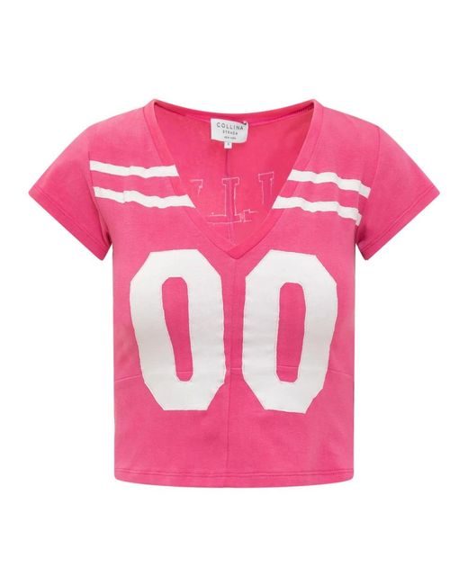 Collina Strada Tops ,Roze ,V-Hals Logo T-Shirt in het Pink