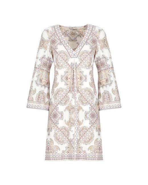 Hale Bob Natural Kleid Mit Blumenmuster, V-Ausschnitt Und Langen Ärmeln