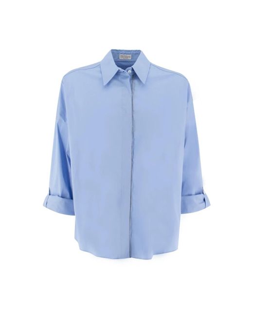 Brunello Cucinelli Overhemden ,Blauw ,Katoen Stretch Katoen Poplin Jewel Shirt in het Blue