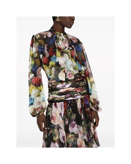 Dolce & Gabbana Multicolor Bluse Aus Chiffon Nachtblumen