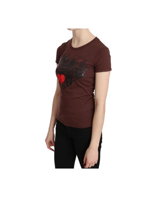 Exte Tops ,Bruin ,Katoen Bruin Hartenprint Korte Mouw Top in het Red