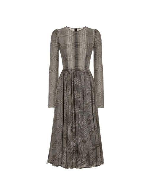 Dolce & Gabbana Gray Graues karomusterkleid mit langen ärmeln