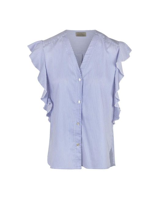 ALESSIA SANTI Blue Popeline v-ausschnitt ärmellose bluse mit rüschen