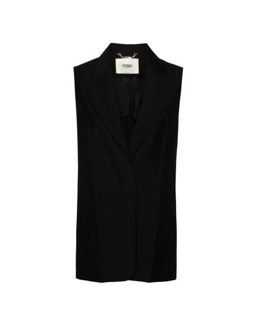 Fendi Jassen ,Zwart ,Wol Zwart Wollen Blend Gilet Met Piekrevers in het Black