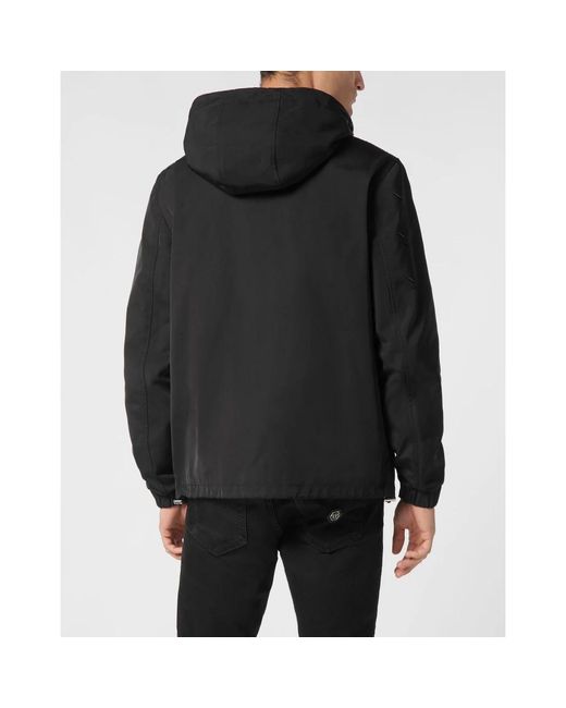 Philipp Plein Jassen ,Zwart ,Nylon Nylon/Leren Jas Met Capuchon Ls in het Black voor heren