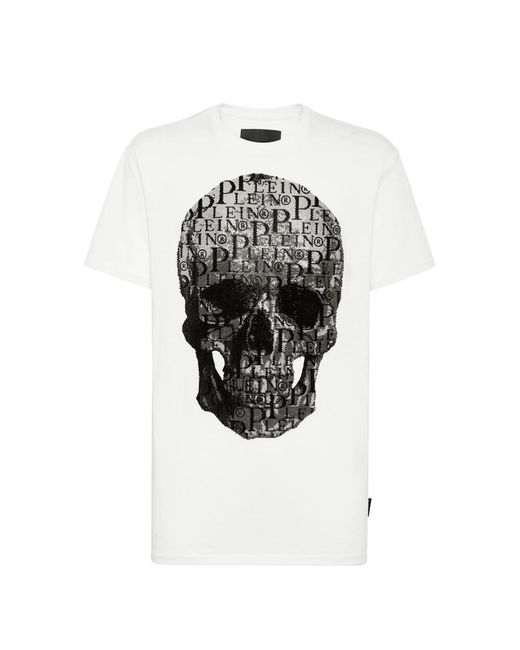 Philipp Plein Tops ,Wit ,Katoen T-Shirt Ronde Hals Ss Skull And Plein Met Kristallen in het Black