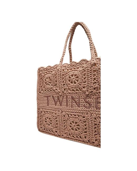 Twinset Brown Handgewebte Gehäkelte Shopper-Tasche Mit Abnehmbarer Innentasche