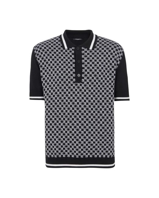 Balmain Black Wool Monogram Polo Shirt for men