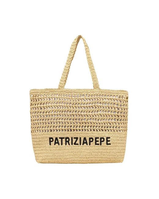 Patrizia Pepe Metallic Gewebte Strandtasche Mit Schwarz Besticktem Logo