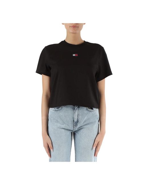 T-shirt in cotone con patch logo di Tommy Hilfiger in Black