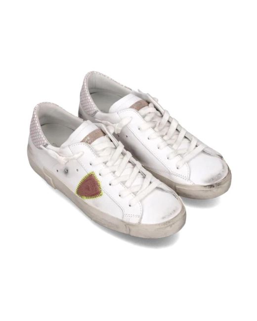 Philippe Model Schoenen ,Wit ,Katoen Unieke Witte Leren Sneakers Met Roze Python Detail in het White