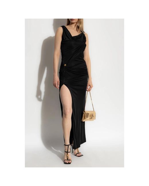 Versace Kleedjes ,Zwart ,Leer Lange Jurk Met Decoratieve Veiligheidsspeld in het Black