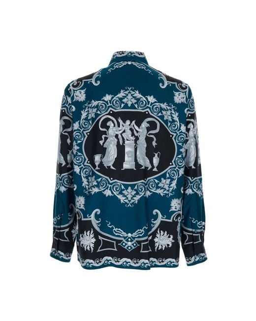 Versace Overhemden ,Veelkleurig ,Hall Of Heroes Print Zijden Overhemd in het Blue voor heren