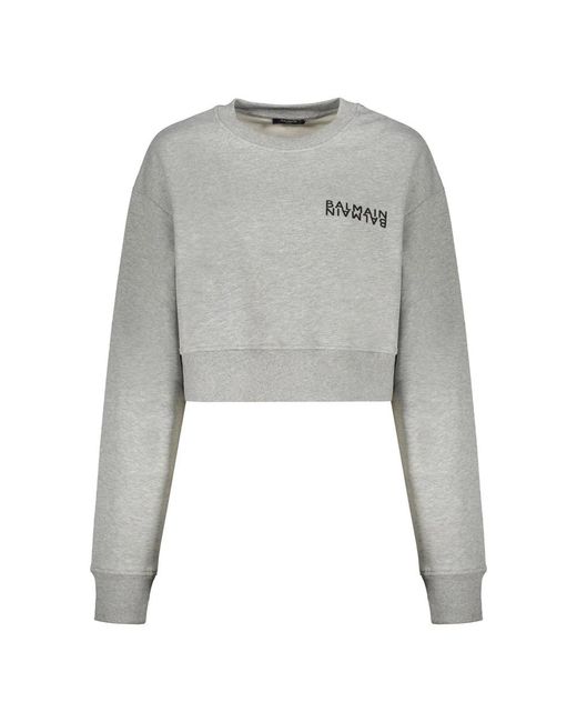 Balmain Hoodies & Sweatvesten ,Grijs ,Katoen Cropped Logo Sweatshirt in het Gray