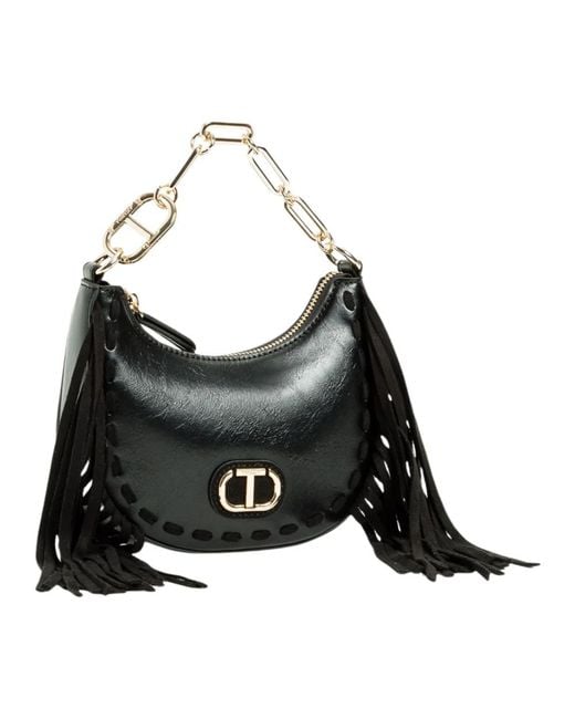 Twinset Boho-Chic Zwarte Mini Tas Met Franjes in het Black