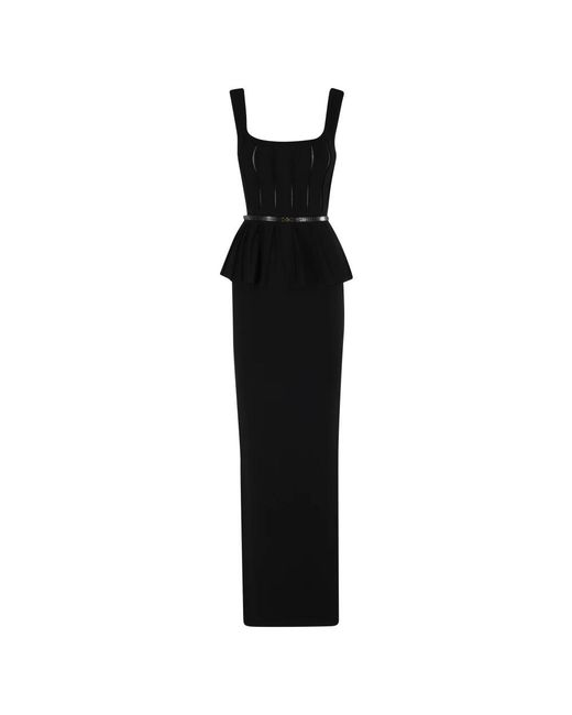 Elisabetta Franchi Zwarte Gebreide Lange Jurk Met Taille Baring in het Black