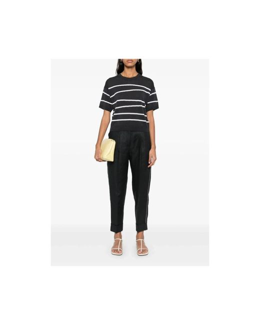 Peserico Black Blau-Grau Gestreiftes T-Shirt Mit Rundhalsausschnitt