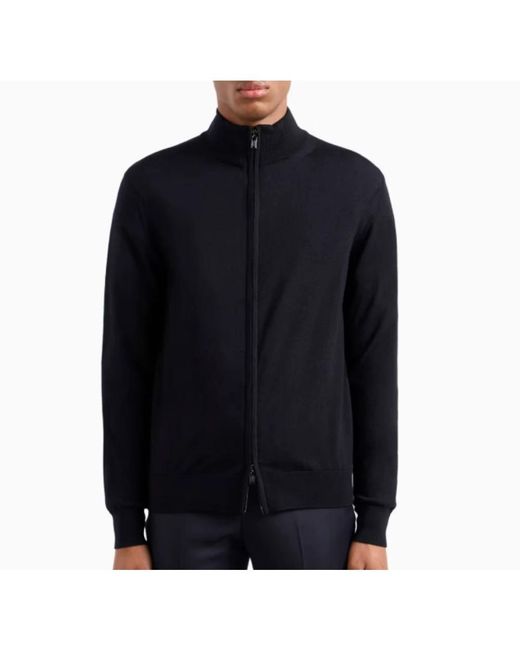 Emporio Armani Blaue Woll-Zip-Strickjacke Essentials in Black für Herren