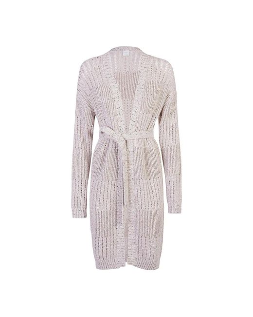 Eleventy Natural Gestreifte Baumwoll-Strickjacke Mit Gürtel Und Lurex