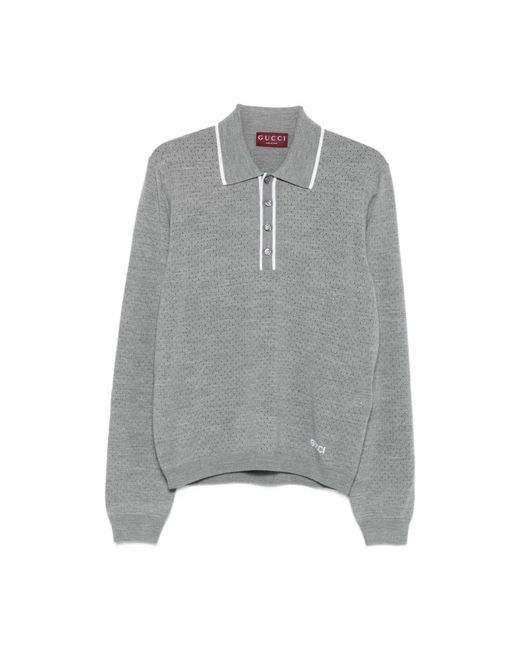 Gucci Gray Fine Wool Knit Polo Shirt With Intarsia for men