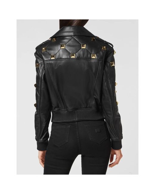 Philipp Plein Jassen ,Zwart ,Leer Leren Bomberjack in het Black
