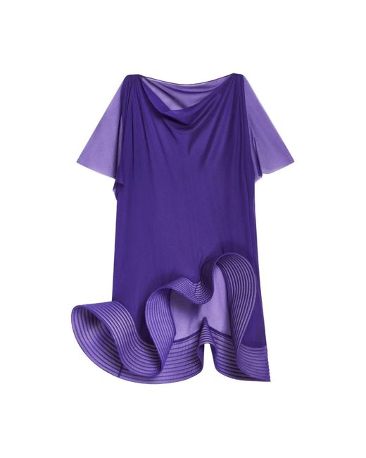 Dries Van Noten Overhemden ,Blauw ,Zijden Top Met Asymmetrische Geplooide Zoom in het Purple